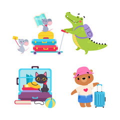 Cute Bear and Crocodile Traveler with Map and Suitcase Having Journey on Vacation Vector Set