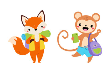 Cute Fox and Monkey Traveler with Smartphone and Bag Having Journey on Vacation Vector Set