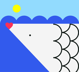 ilustracja ryby z buzią w kształcie serca na tle fal i słońca