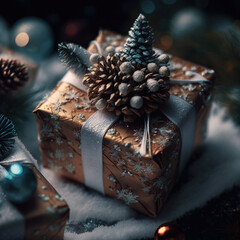 Christmas Gifts near snow, Christmas trees, and relative decoration