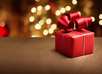 Red gift box with a ribbon and lights in the background.