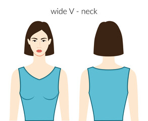 Obraz premium Wide V - neckline clothes character beautiful lady in blue top, shirt, dress technical fashion illustration with fitted body. Flat apparel template front, back sides. Women, men unisex CAD mockup