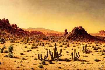 Plakat Rattlesnake Country! Large dry cactus dominate the landscape.