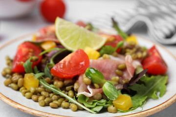 Plate of salad with mung beans, closeup view