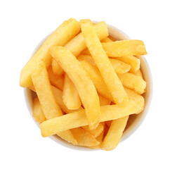 Bowl with delicious french fries on white background, top view