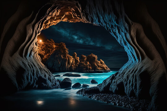 Bioluminescent Sea Lapping At A Cave Entrance In The Moonlight