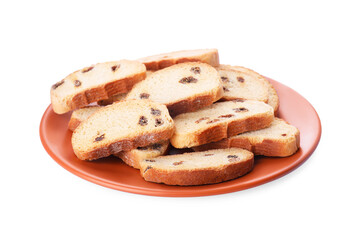 Plate of sweet hard chuck crackers with raisins on white background