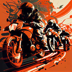 Group of motorcycles driving together, cartoon, illustration
