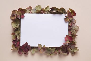 Dried hortensia flowers and sheet of paper on beige background, flat lay. Space for text