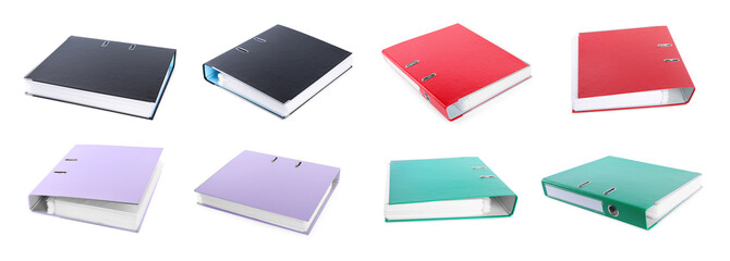 Set with different color office folders on white background. Banner design