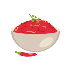 Bowl with delicious salsa mexican spicy sauce in flat style. Perfect for tee, stickers, menu and logotype. Isolated vector illustration for decor and design.