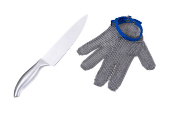 a sharp stainless steel knife and an anticut glove of metal mesh protection, glove for butcher,...