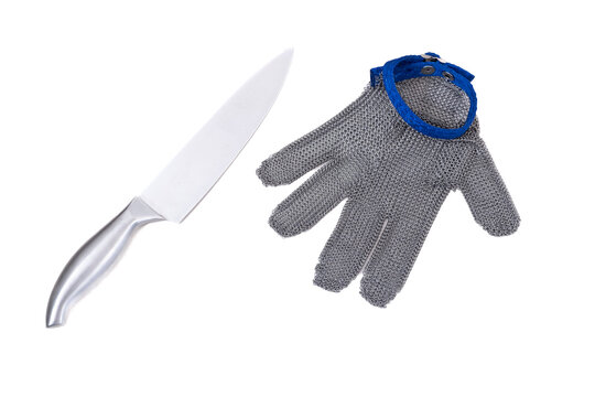 a sharp stainless steel knife and an anticut glove of metal mesh protection, glove for butcher, safety at work, on a white background, metal wire glove