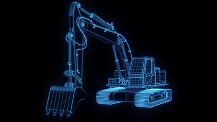 3D rendering illustration excavator blueprint glowing neon hologram futuristic show technology security for premium product business finance   - obrazy, fototapety, plakaty