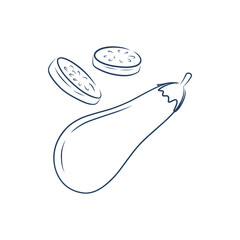 Hand Drawn Eggplant, half a eggplant and a slice. Black and white. Vector illustration, isolated on a white background.