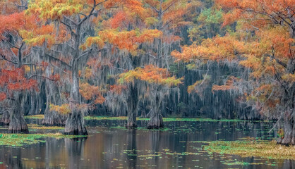 Vibrant autumn cypress trees in the swamp - obrazy, fototapety, plakaty