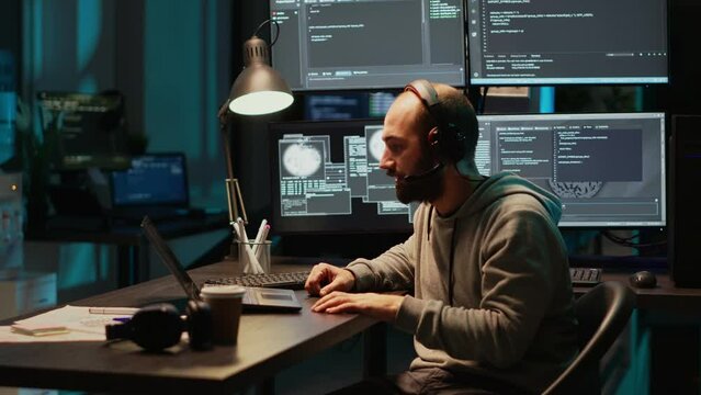 Software developer talking to people on remote videoconference with webcam. Attending online videocall meeting on internet, chatting about code programming on teleconference in office.