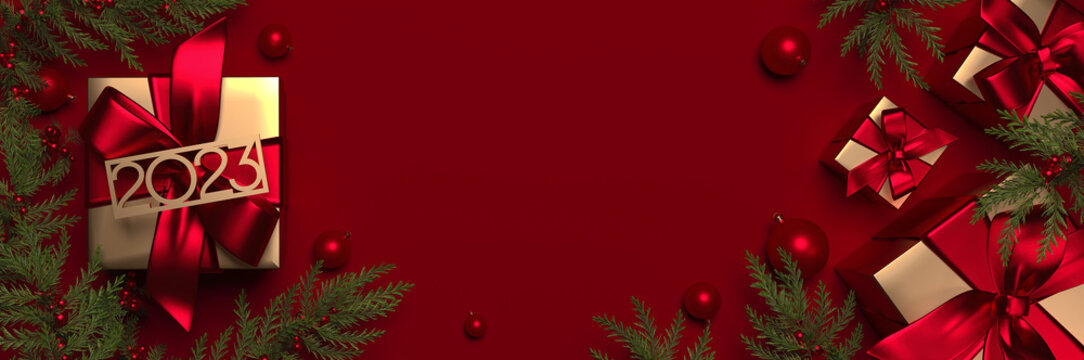 2023 New Year design template with gift boxes and Christmas tree branches.