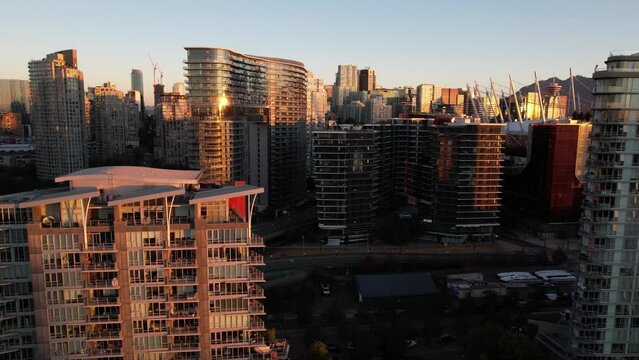 Downtown Vancouver Canada, Aerial View of Towers and Condo Buildings at Sunrise