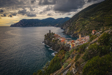 An aerial shot of Vernazza village by the sea, Cinque Terre, Italy. September 2022