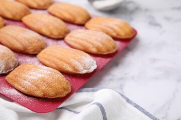 Delicious madeleine cookies in baking mold on white marble table, closeup. Space for text