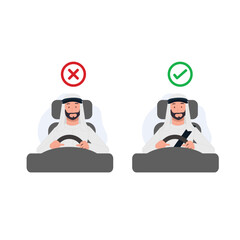 Do's and dont's. Safety driving rules concept, Wear seatbelts while driving. Arab man is driving a car. Flat vector cartoon illustration