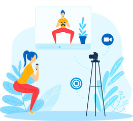 Video blog concept, blogger workout for video vlog, vector illustration. Woman character blogging at camera, digital live broadcast concept.