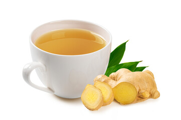 Cup of hot ginger tea with ginger root and slice on white background.