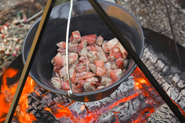 Meat pieces in a cauldron on burning coals background.food on the fire. Cooking meat in a cauldron..Cooking outdoors and on the go.Camping cooking.Wood fire and cauldron with food.street food