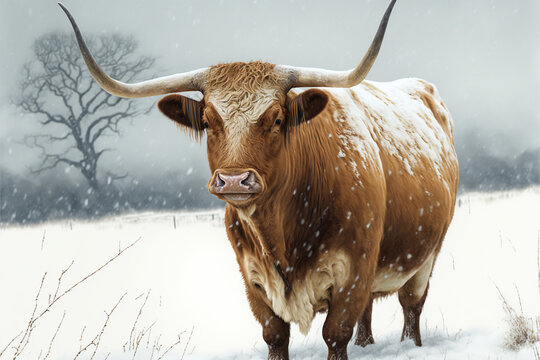 Longhorn Cow Standing In Snow,