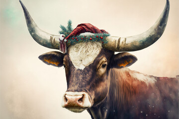 Longhorn cow with santa hat, Christmas  
