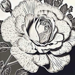 Fototapeta premium Lino cut Black and White Flowers Graphic design Ink illustration Grey scale hydrangea with Leafs and Forest