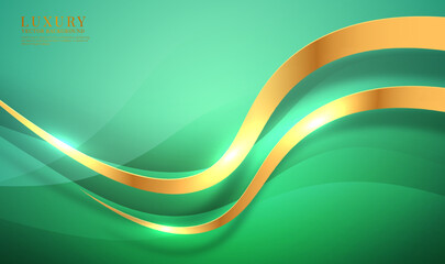 3D green luxury abstract background overlap layers on bright space with golden curve decoration. Waves style concept. Graphic design element for banner, flyer, card, brochure cover, or landing page