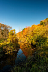 Thames river in London Ontario bending a colourful tree lined corner in the fall 