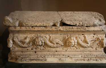 Acutius Scitus and his son Aither Sarcophagus from Roman Period (AD 2th Century) at Istanbul...