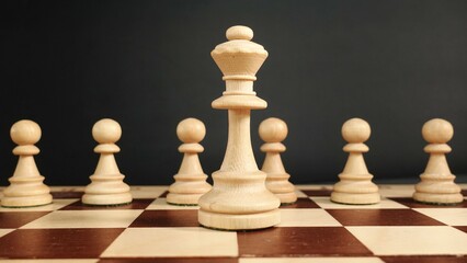 A white chess queen against the background of an army of white pawns.Chess background. Banner for...