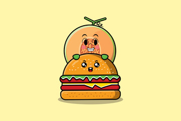 Cute Melon cartoon character hiding in burger illustration in flat modern design