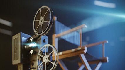 Naklejka premium film projector and film director's chair in dark place, 3d rendering