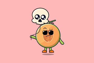 Fototapeta premium Cute cartoon Melon floating with skull balloon in flat cartoon vector icon illustration