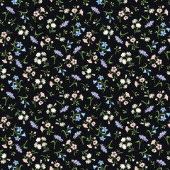 Seamless floral pattern with small pink, blue, white, and purple flowers on a black background. Vector print design