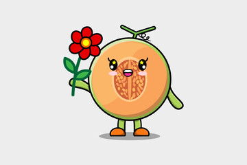 Cute cartoon Melon character holding red flower in concept 3d cartoon style