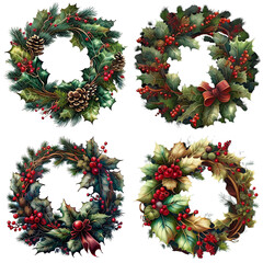 Set of 4 christmas wreaths isolated on translucent background