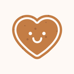 Smiling heart gingerbread cookie. Christmas cookie vector flat illustration.