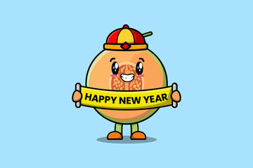 Cute cartoon Melon chinese character holding happy new year board illustration