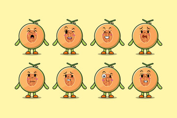 Set kawaii Melon cartoon character with different expressions cartoon face vector illustrations