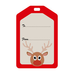 simple red name tag for christmas present gift box with cute rain deer with big red nose