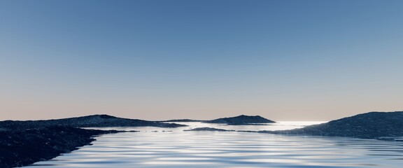 3d render, abstract seascape background, minimalist zen scenery, panoramic wallpaper. Calm water, black rocks and pastel blue gradient sky