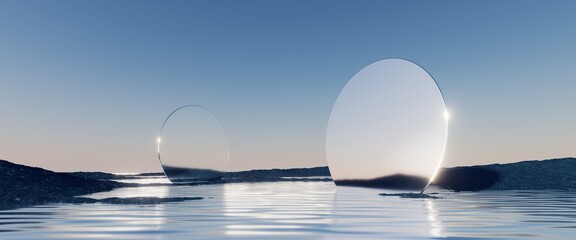 3d render, abstract minimalist background, nordic futuristic landscape, fantastic tranquil seascape with calm water, round mirror disk and pastel blue gradient sky. Fantasy scene wallpaper