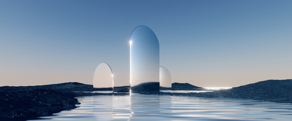 3d render, abstract panoramic background, northern futuristic landscape, fantastic scenery with calm water, simple geometric mirror arches and pastel blue gradient sky. Minimal zen aesthetic wallpaper - obrazy, fototapety, plakaty