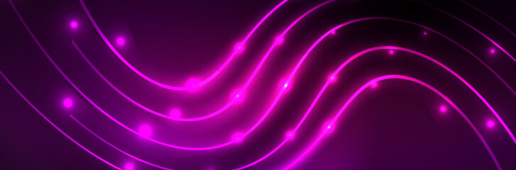 Shiny neon lights, dark abstract background with blurred magic neon light curved lines